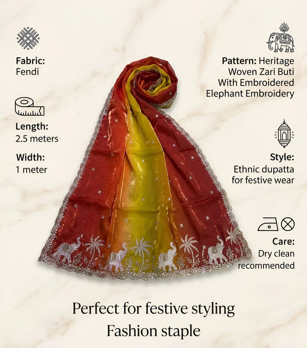 Luxe Fendi Womens Orange Dupatta with Heritage Zari Buti & Elephant Work