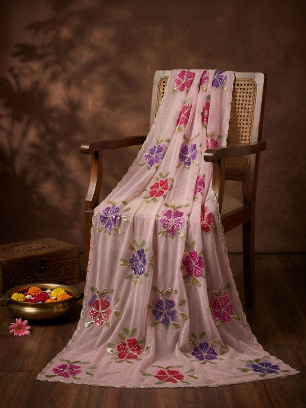 Luxe Organza Womens Pink Dupatta with Floral Brush Print Embellishment