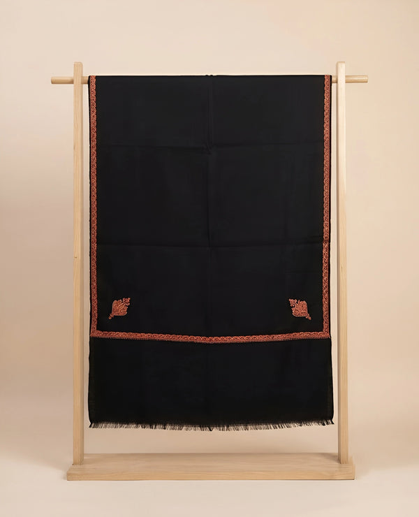 Regal Woven Border Accent Corner Wool Blend Black Stole| Kashmiri Inspired