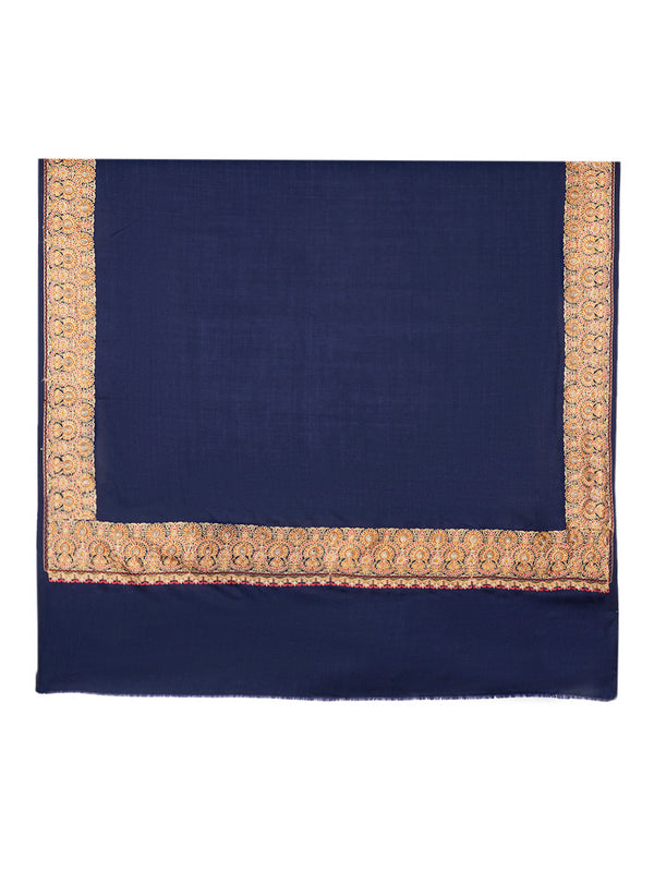 Solid Blue Woolen Mens Shawl with Rich Embroidered Border – 80 x 40 Inches