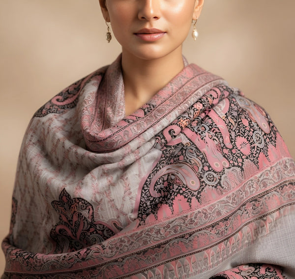 Naqsh-e-Kashmir Inspired Paisley Jacquard Grey Shawl with Kani-Inspired Floral Border