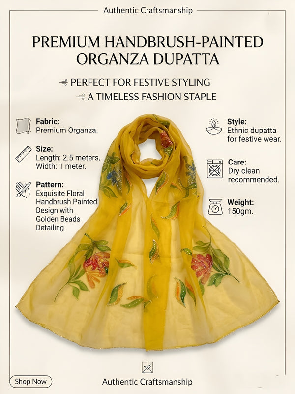 Luxe Organza Women Yellow Dupatta with Handbrush Floral Art & Beads