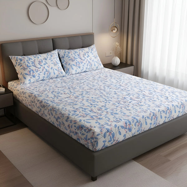 Queen Size 210 TC Elastic Fitted Cotton Bedsheet Set with 2 Pillow Covers (72 × 78 Inches)