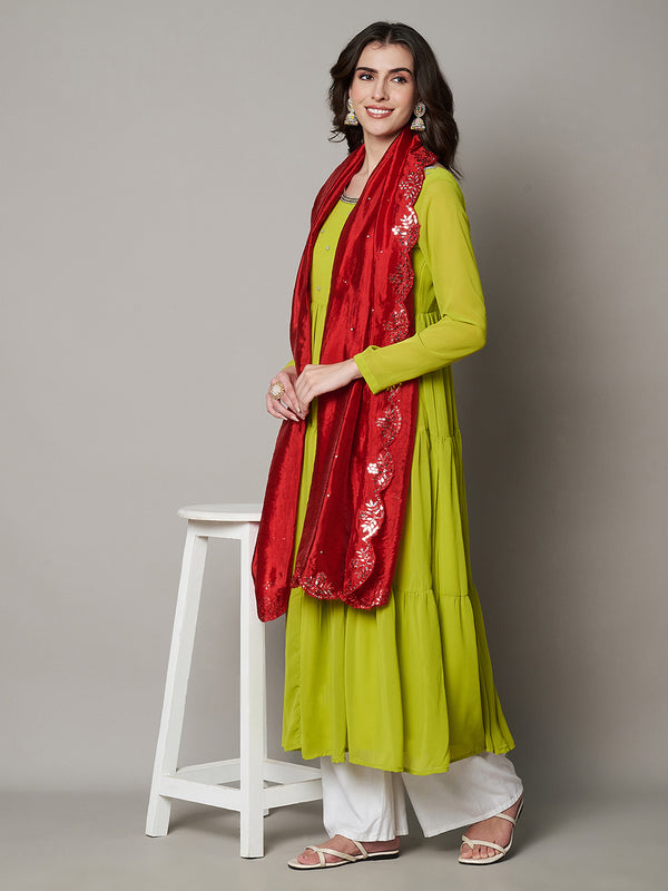 Red Silk Dupatta with Scalloped Cutwork Border & Sequin Highlights (Size: 2.5x1 m Approx)