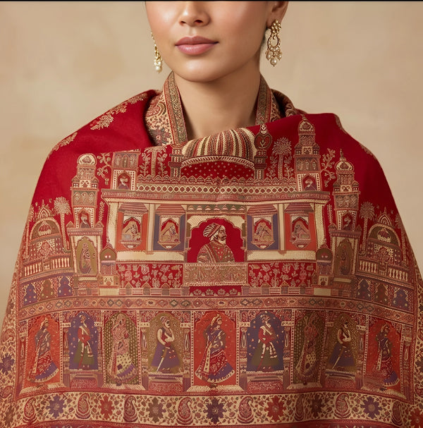 Naqsh-e-Kashmir Inspired Mughal Palace Scenic Jacquard Woven Red Shawl with Zari Work