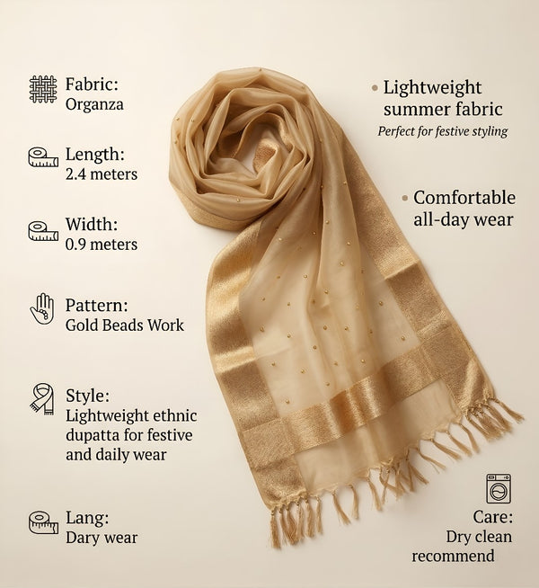Gold Organza Dupatta with Golden Beads Work & Tassel Border