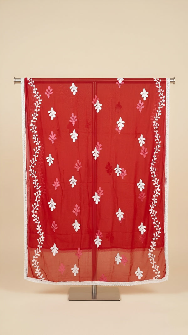 Red Nazneen Chiffon Mens Dupatta with Floral Embroidery & Border