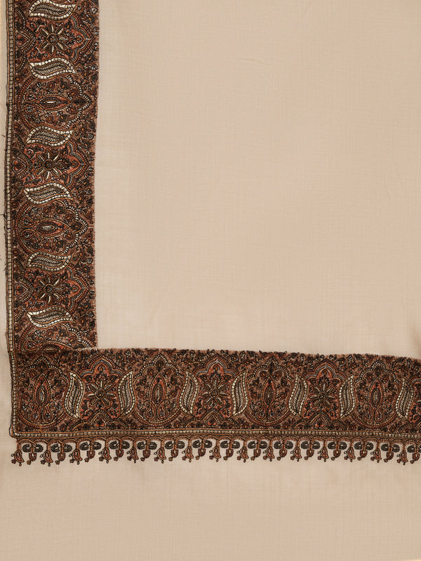 Woolen Mens Shawl in Light Brown with Heritage-Inspired Embroidered Border (80 x 40 Inches)