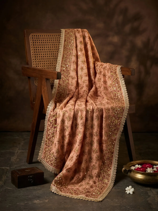Luxe Heritage Phulkari Chinon Embroidered Peach Dupatta with Lace Border