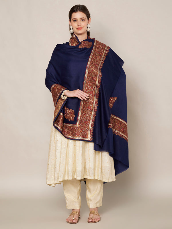 Blue Woolen Women Shawl with Intricate Embroidered Detailing – Winter Wrap (80 x 40 Inches)