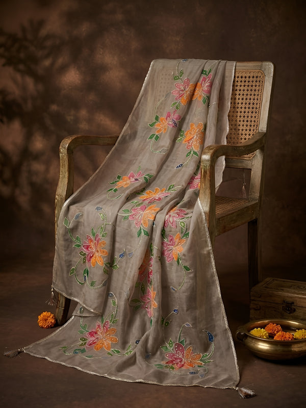 Luxe Organza Women Beige Dupatta with Handbrush Floral Art & Beads