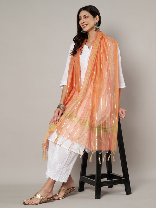 Peach Chanderi Silk Dupatta with Gold Zari Stripes (Size: 2.5x1 m Approx)