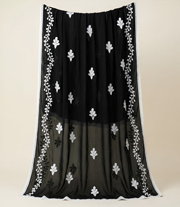 Black Nazneen Chiffon Embroidered Dupatta with Floral Work