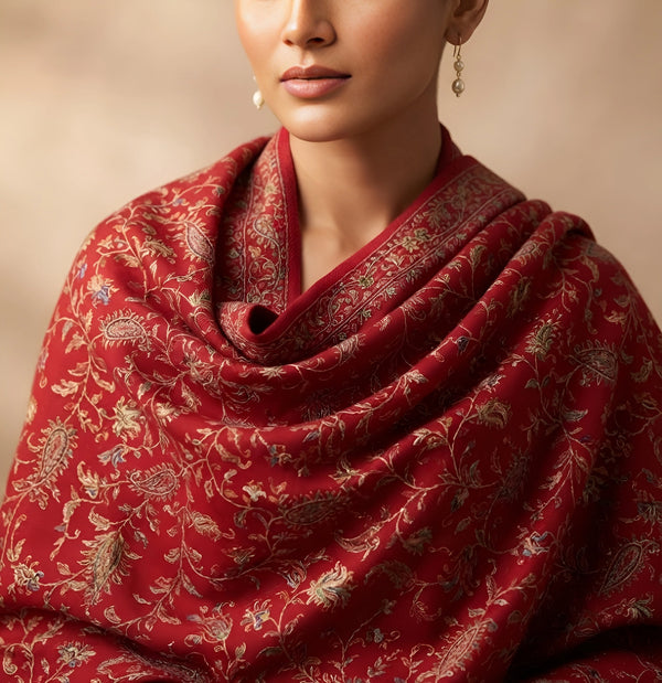 Naqsh-e-Kashmir Inspired Jamawar Floral Paisley Vine Wool Blend Red Shawl