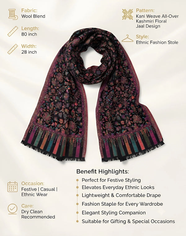 Regal Kani Weave All-Over Floral Jaal Wool Blend Black Stole | Kashmiri Inspired
