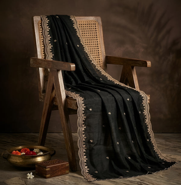 Luxe Fendi Women Black Dupatta with 2 Side Scalloped Border, Mirror Detailing & Buti Embellishment