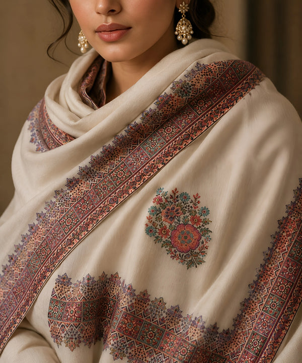Naqsh-e-Kashmir Inspired Kingri Design Jacquard Woven White Shawl with Floral Border