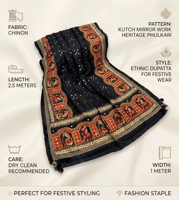 Luxe Chinon Kutch & Phulkari Heritage Art Mirror Work Embroidered Black Dupatta with Ornate Border