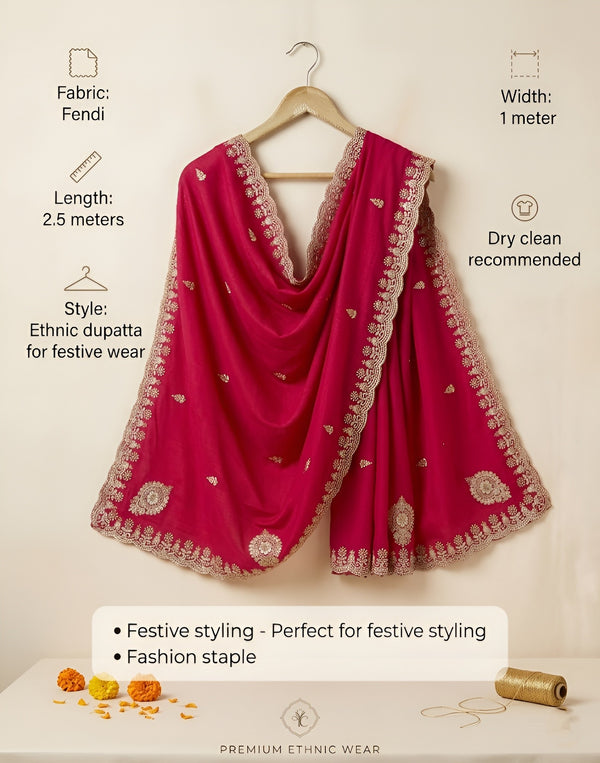 Luxe Vichitra Women Rani Dupatta with 4 Side Scalloped Embroidered Border & Buti Embellishment