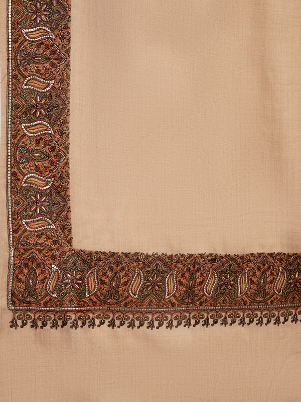 Woolen Mens Shawl in Warm Beige with Heritage-Inspired Embroidered Border (80 x 40 Inches)