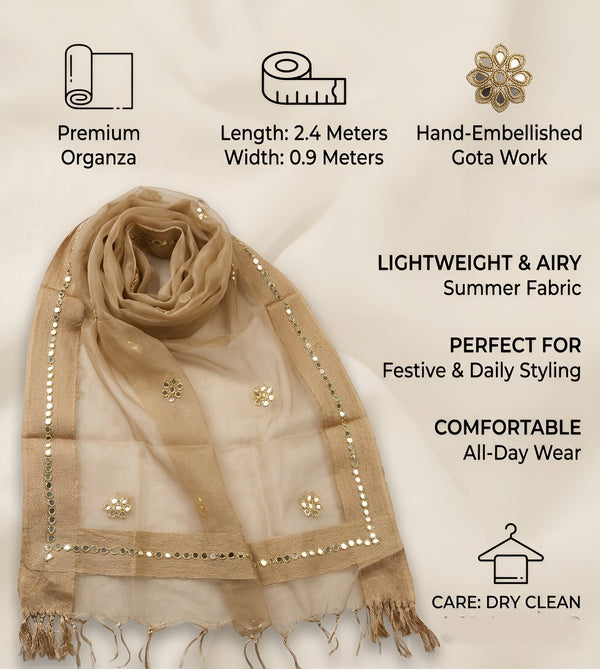Gold Organza Dupatta with Mirror Flower Embroidery & Cutwork Border