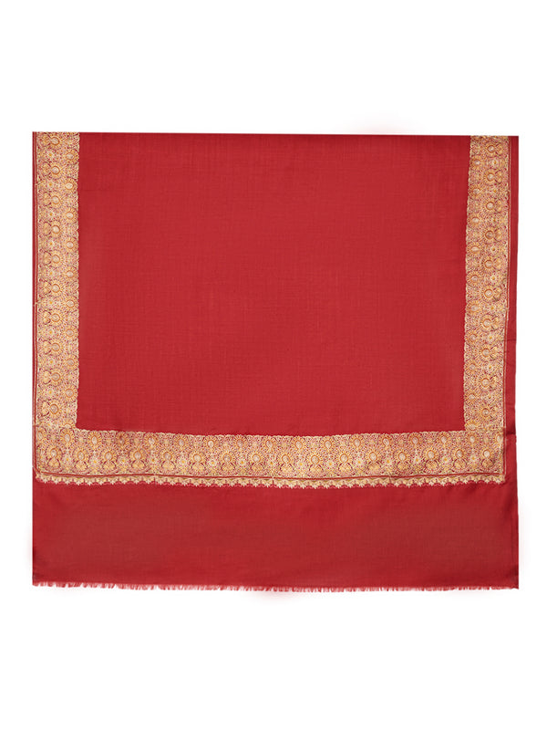 Solid Maroon Woolen Mens Shawl with Rich Embroidered Border – 80 x 40 Inches