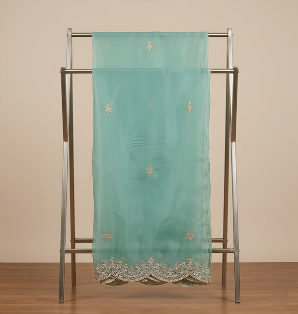Green Organza Mens Dupatta – Scalloped Cutwork Border with Buti Work