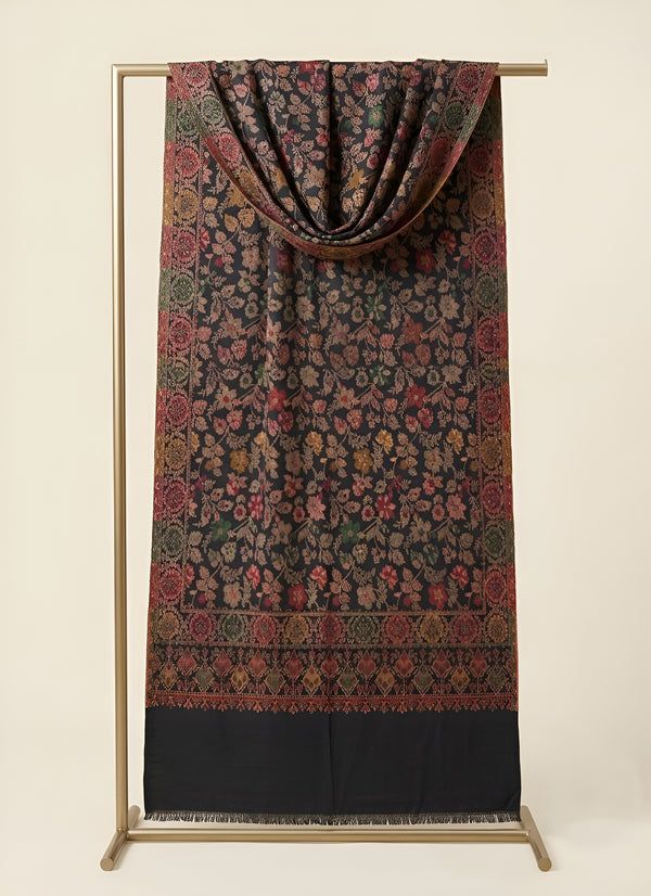 Regal Floral & Paisley Kani Weave Wool Blend Black Stole