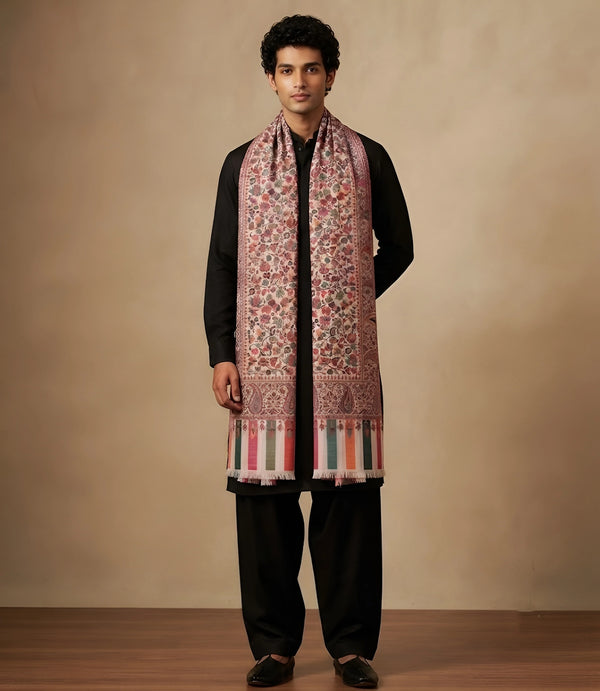 Mir-e-Khas Traditional Kashmiri Kani Weave White Shawl for Men – Wool Blend
