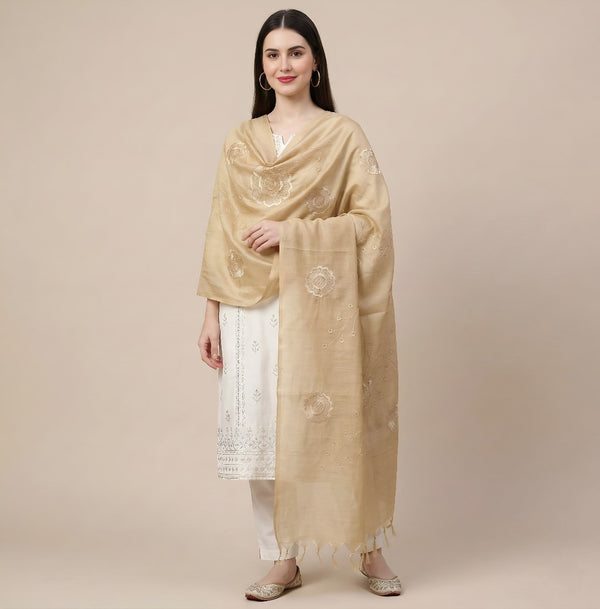 Beige Cotton Embroidered Dupatta | Summer Edit Lightweight Ethnic Essential