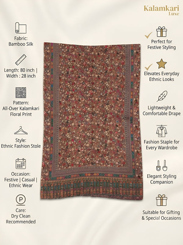 Reserve Mens All-Over Kalamkari Floral Print Bamboo Silk Brown Stole