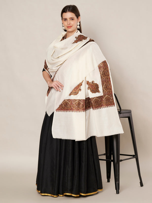 Elegant White Woolen Women Shawl with Embroidered Border – Ethnic Wrap (80 x 40 Inches)