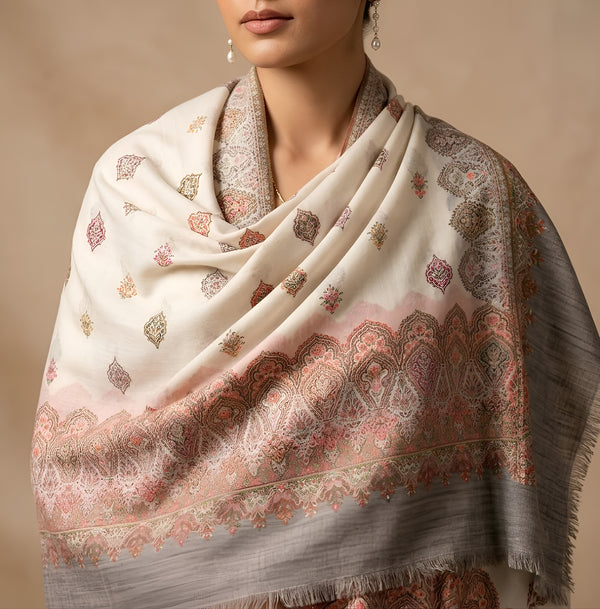 Naqsh-e-Kashmir Woven Kani Jacquard White Shawl with All-Over Buttis & Solid Panel