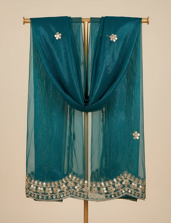 Teal Twill Net Mens Dupatta – Scalloped Cutwork Border with Buti Work