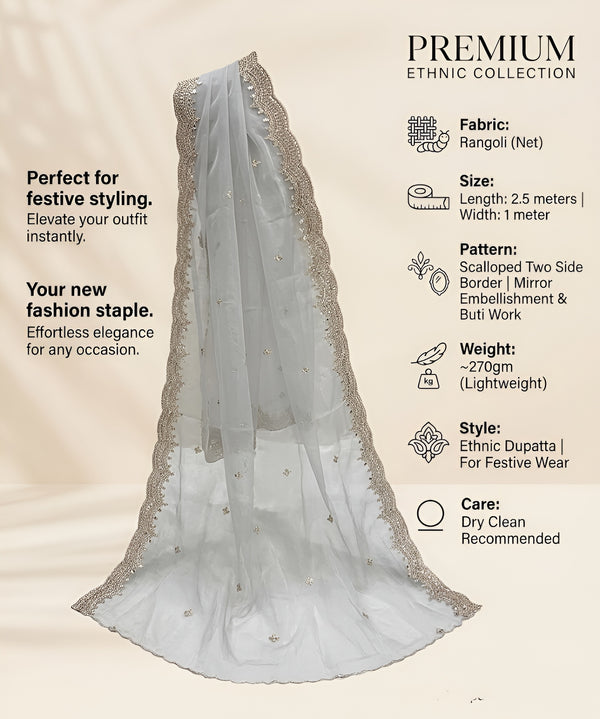 Luxe Fendi Women White Dupatta with 2 Side Scalloped Border, Mirror Detailing & Buti Embellishment