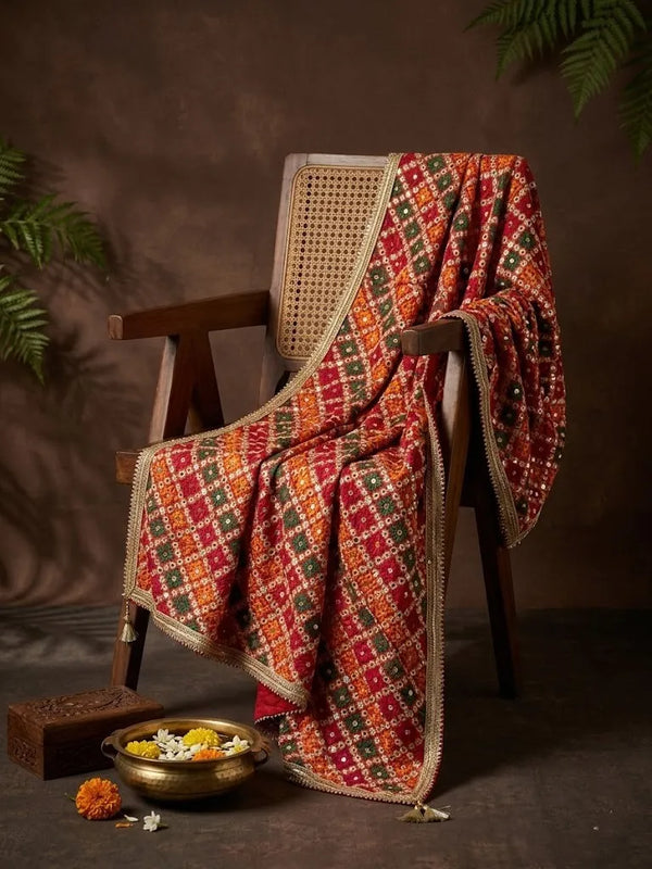 Luxe Chinon Women Phulkari Multicolor Dupatta with Mirror Work, Lace Border & Latkan Tassels