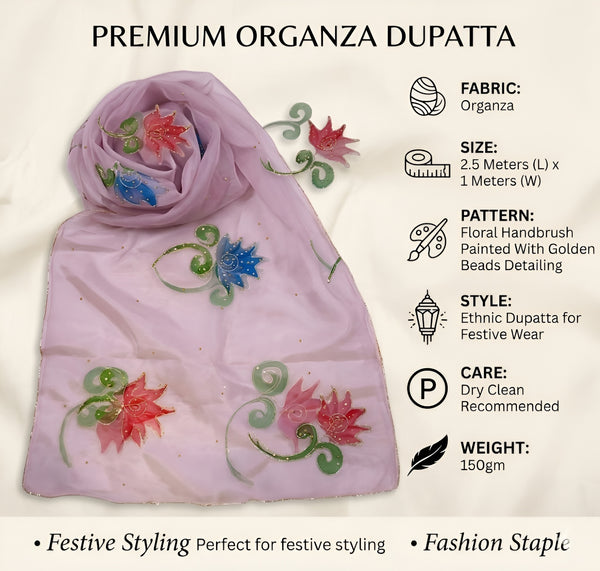 Luxe Organza Women Pink Dupatta with Handbrush Floral Art & Beads
