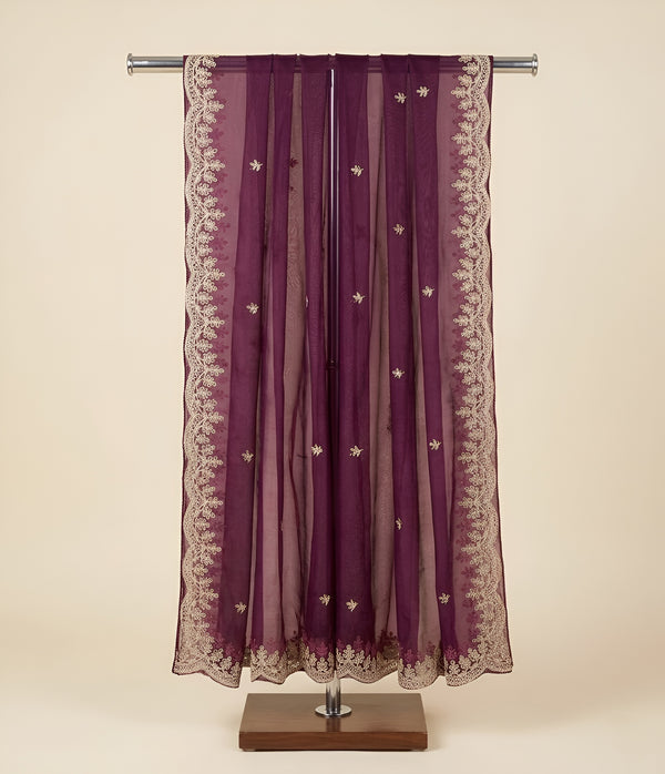 Wine Organza Women Dupatta – Scalloped Cutwork Border with Buti Work