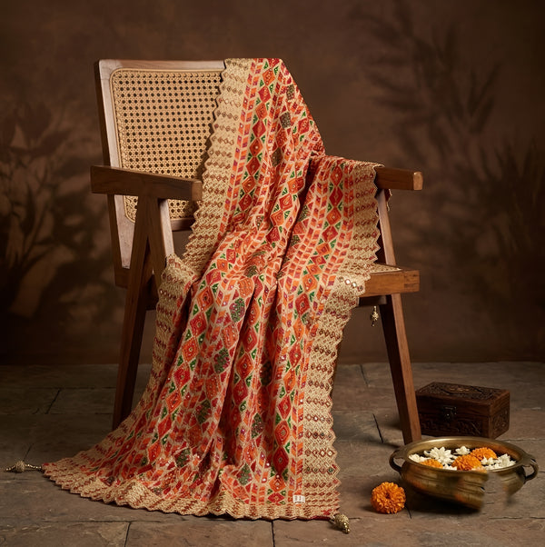 Heritage Woven Geometric Zari Chinon Beige Mens Dupatta