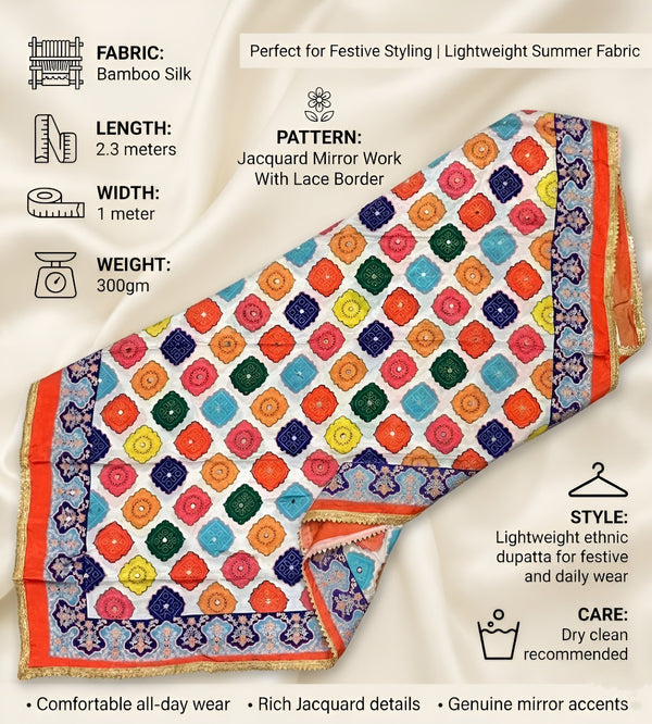 Chinon Floral Mirror Work Women Multicolor Dupatta with Designer Printed Panels & Lace Border