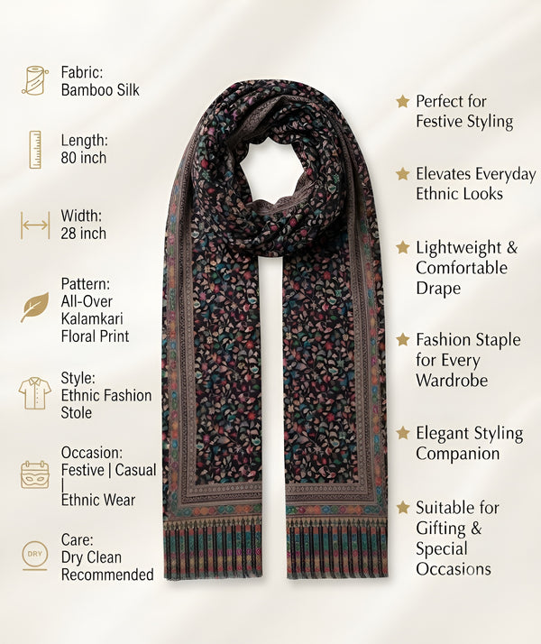 Reserve Mens All-Over Kalamkari Floral Print Bamboo Silk Black Stole