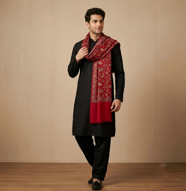 Mir-e-Khas Men's Kashmir-Inspired Jamawar Floral Paisley Vine Red Shawl