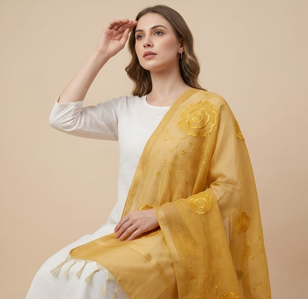 Yellow Cotton Embroidered Dupatta | Summer Edit Lightweight Ethnic Essential