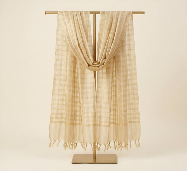 Gold Cotton Dupatta with Golden Stripe Weave & Tassel Border