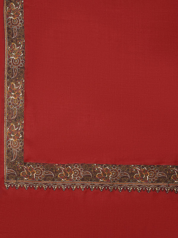 Woolen Women Shawl in Deep Maroon with Embroidered Traditional Border (80 x 40 Inches)