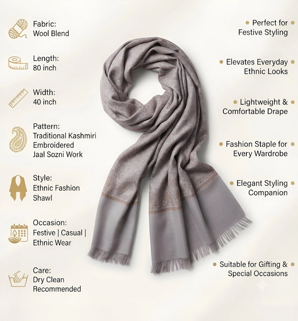 Naqsh-e-Kashmir Sozni Jaal Embroidered Grey Shawl | Traditional Kashmiri Wool Blend