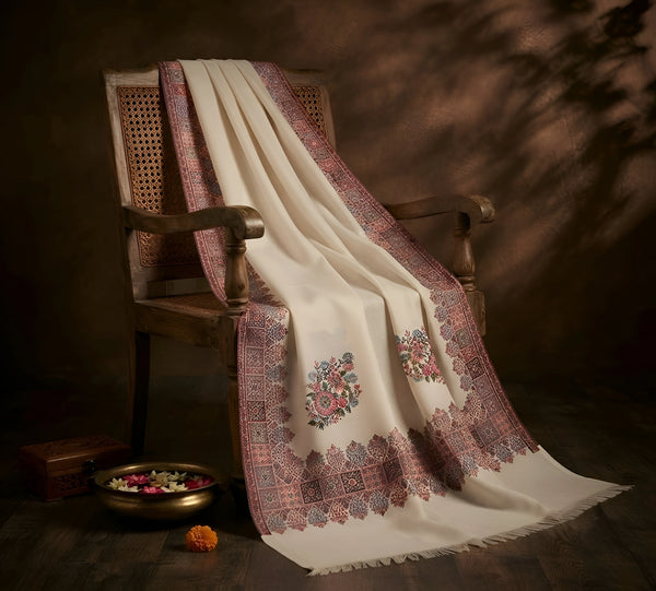 Naqsh-e-Kashmir Inspired Kingri Design Jacquard Woven White Shawl with Floral Border