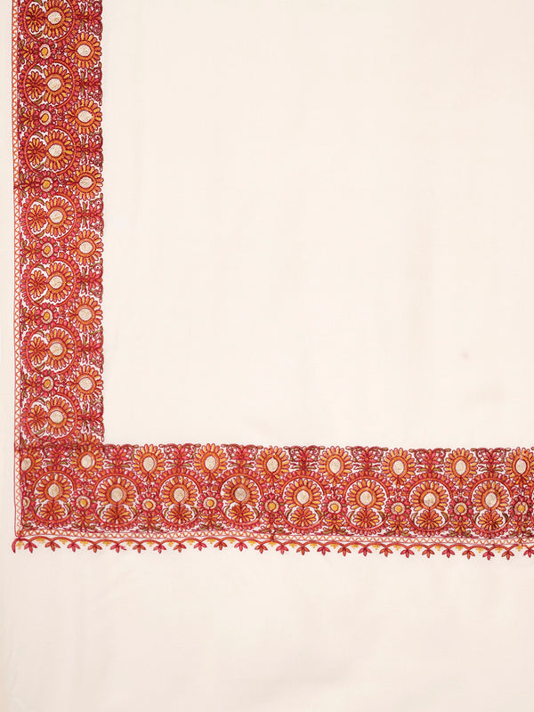 White Woolen Mens Shawl with Traditional Embroidered Border (80 x 40 Inches)