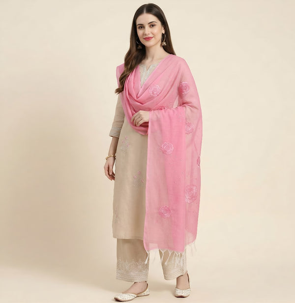 Pink Cotton Embroidered Dupatta | Summer Edit Lightweight Ethnic Essential