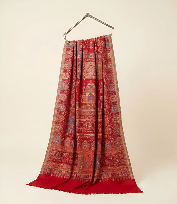 Regal Kani Weave Mughal Architecture & Floral Garden Wool Blend Red Stole